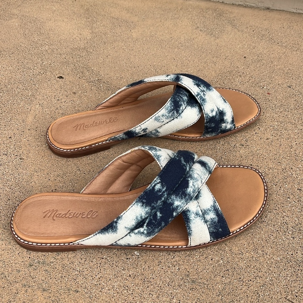 Madewell Skyler Sandal Slide Slip On Flats Blue White Women’s Size 7.5